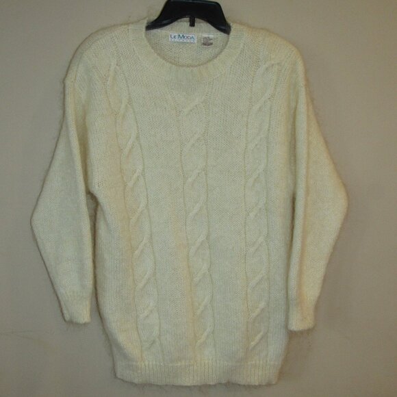 Vintage 80-90s Le Moda Ivory Mohair Wool Furry Cable Knit Sweater Women's sz XL - Picture 1 of 4